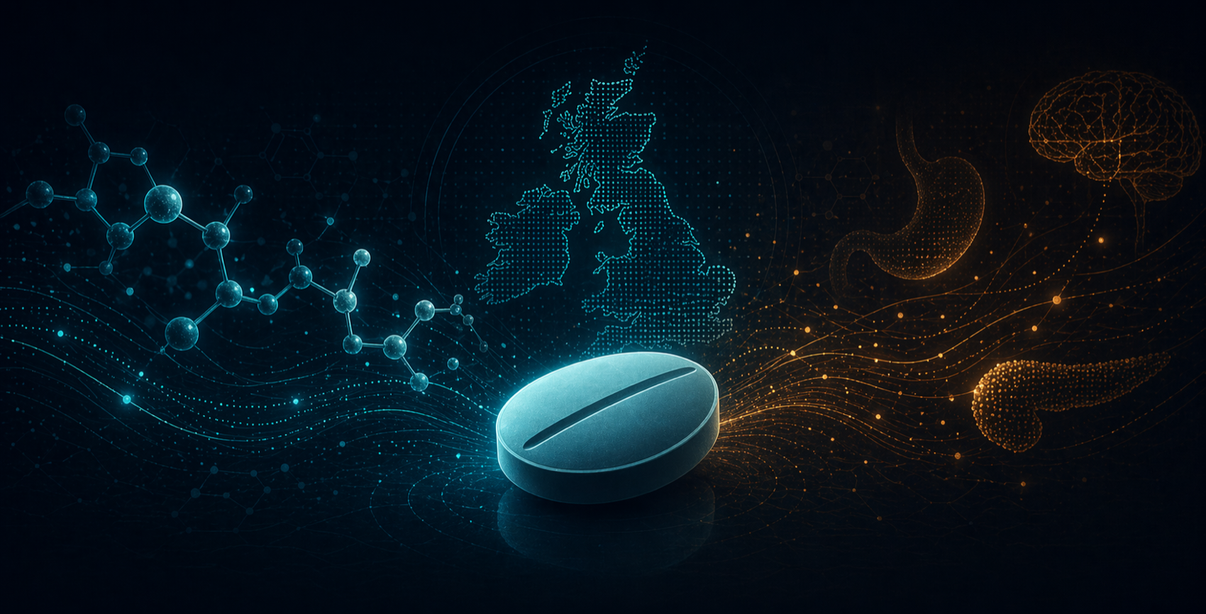a luminous teal tablet with molecular lines and a dotted UK map on a dark background